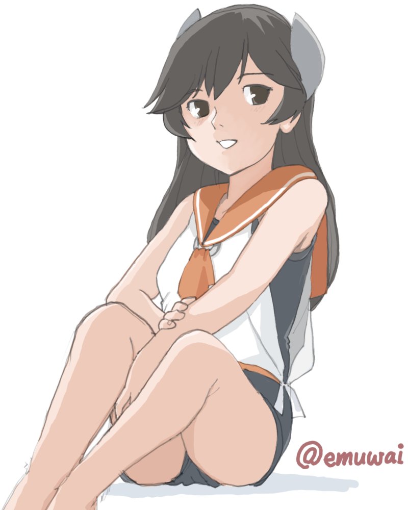 1girl black_eyes black_hair black_one-piece_swimsuit dark-skinned_female dark_skin emuwai headgear i-400_(kancolle) kantai_collection long_hair looking_at_viewer one-hour_drawing_challenge one-piece_swimsuit orange_sailor_collar parted_bangs sailor_collar shirt side-tie_shirt simple_background sleeveless sleeveless_shirt solo swimsuit swimsuit_under_clothes twitter_username white_background