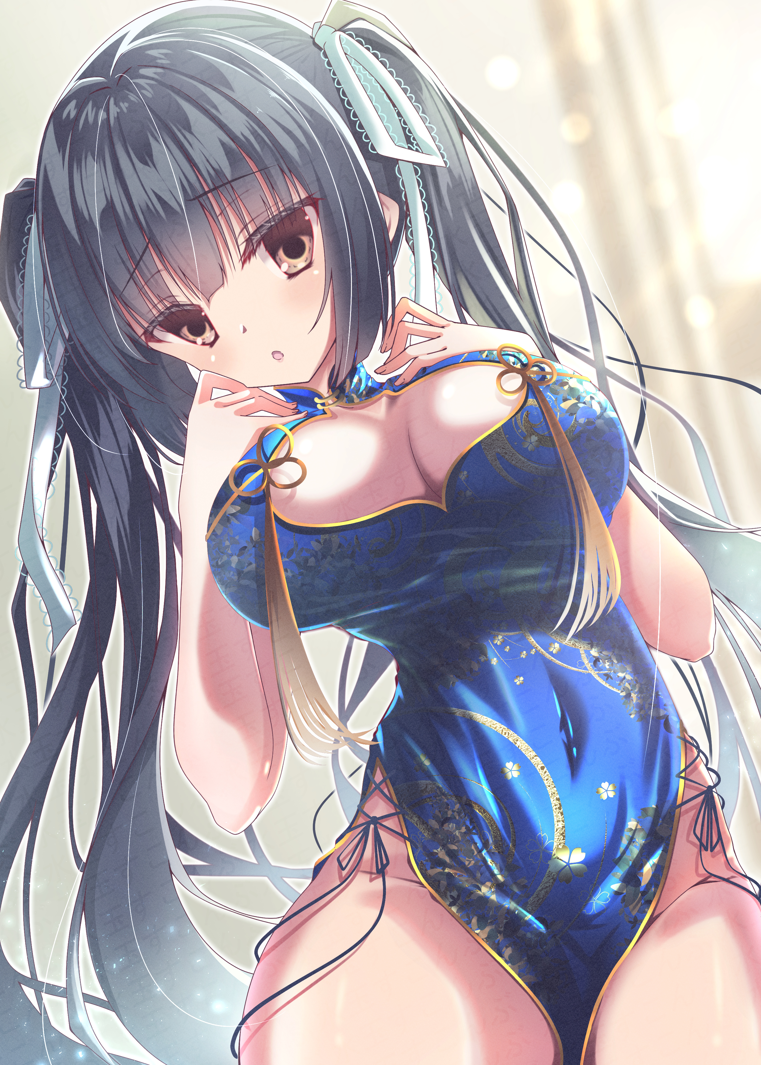 1girl :o absurdres alternate_costume black_hair blue_dress blunt_bangs blush breast_suppress breasts brown_eyes china_dress chinese_clothes cleavage cleavage_cutout clothing_cutout commentary_request covered_navel cowboy_shot dress dutch_angle eyes_visible_through_hair floral_print floral_print_dress groin hair_ribbon hands_up head_tilt highres hip_vent honma_misuzu lace lace-trimmed_ribbon lace_trim large_breasts long_hair looking_at_viewer open_mouth pelvic_curtain print_dress ribbon sakura_no_toki sakura_no_uta sidelocks solo straight_hair sukonbu385 twintails very_long_hair white_ribbon