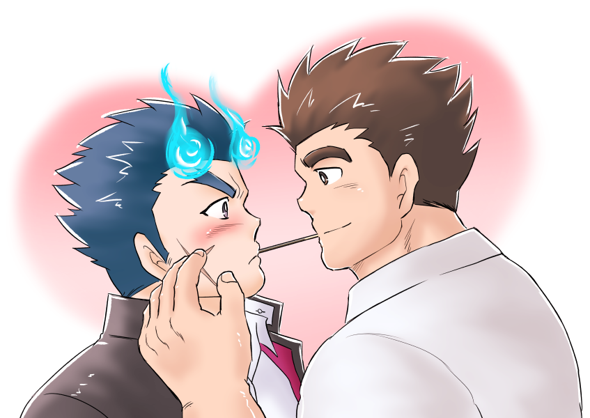 2boys bara blue_fire blue_hair blush couple facial_hair facial_scar fiery_horns fire food food_in_mouth forked_eyebrows from_side hair_slicked_back heart heart_background horns male_focus multiple_boys pikako182 pocky pocky_day pocky_in_mouth pocky_kiss profile protagonist_3_(housamo) sakimori_toji scar scar_on_cheek scar_on_face shared_food short_hair sideburns_stubble stubble thick_eyebrows tokyo_houkago_summoners upper_body yaoi