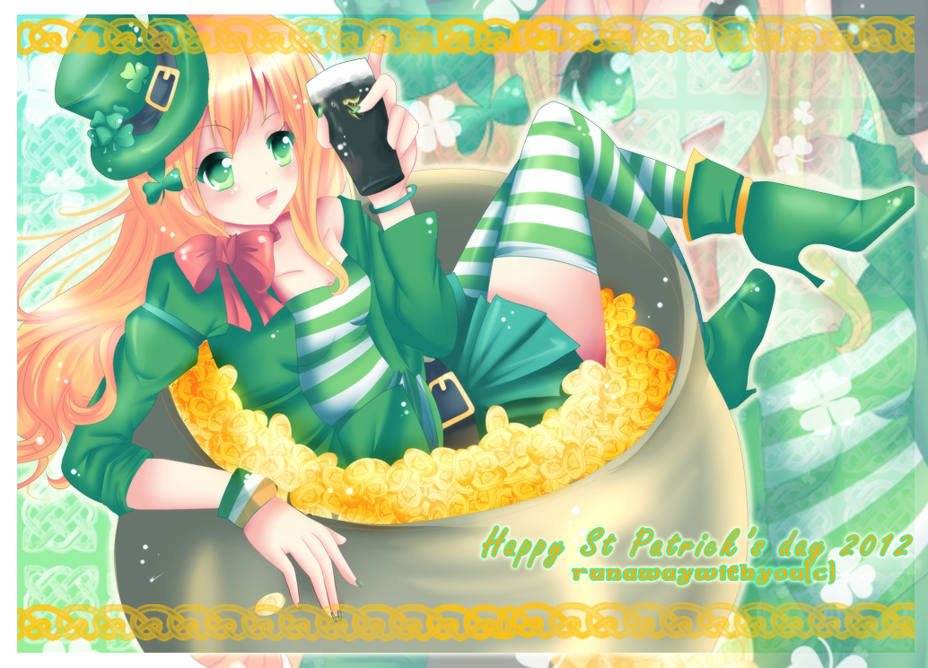 1girl alcohol blonde_hair boots cauldron clover coin female_focus gold_coin green_eyes guinness_(beer) hat high_heel_boots high_heels leprechaun runawaywithyou saint_patrick&#039;s_day skirt solo striped_clothes striped_thighhighs thighhighs
