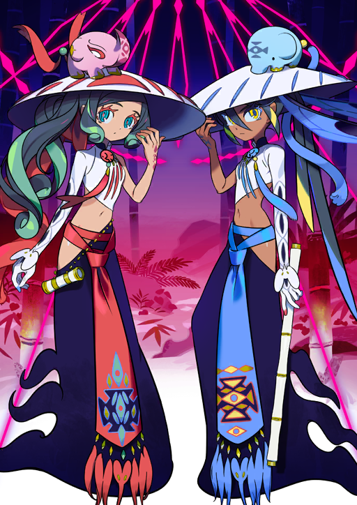 2girls animal animal_on_head aqua_eyes arm_at_side asymmetrical_sleeves black_hair blonde_hair blue_hair blue_sash breasts closed_mouth colored_eyelashes crop_top dark-skinned_female dark_skin dot_mouth elephant expressionless fate/grand_order fate_(series) full_body game_cg gloved_sleeves green_hair hair_between_eyes hair_ornament hair_ribbon hand_tattoo hand_up hat holding holding_weapon long_hair long_skirt long_sleeves looking_at_viewer mandarin_collar matching_outfits multicolored_hair multiple_girls navel official_art on_head ponytail purple_skirt red_pupils red_ribbon red_sash ribbon sandogasa sash shirt siblings side_ponytail sidelocks sisters skirt sleeveless small_breasts standing take_(illustrator) tattoo third-party_source trung_nhi_(fate) trung_nhi_(second_ascension)_(fate) trung_trac_(fate) trung_trac_(second_ascension)_(fate) two-tone_hair uneven_sleeves variant_set very_long_hair waist_sash weapon white_hat white_shirt yellow_eyes