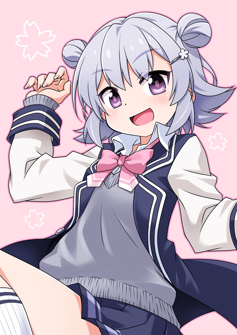 1girl :d akou_roushi arm_up black_skirt blue_jacket blush bow cevio collared_shirt double_bun flower grey_hair grey_sweater hair_bun hair_flower hair_ornament hairclip jacket koharu_rikka looking_at_viewer open_clothes open_jacket open_mouth pink_background pink_bow pleated_skirt purple_eyes ribbed_socks school_uniform shirt skirt smile socks solo sweater white_flower white_shirt white_socks