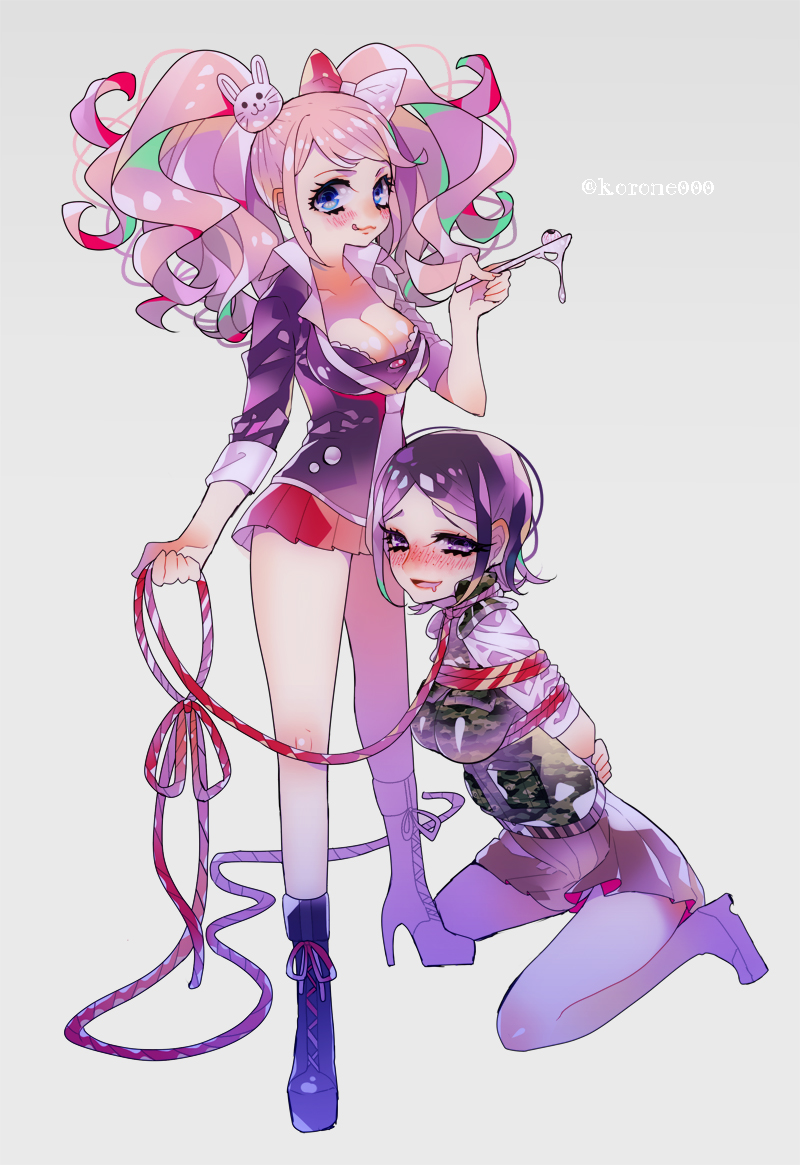 2girls artist_name bdsm black_footwear black_hair black_shirt blonde_hair blue_eyes blush bondage bound bow breasts brown_skirt calf_boots camouflage camouflage_vest cleavage closed_mouth collarbone danganronpa:_trigger_happy_havoc danganronpa_(series) danganronpa_3_(anime) drooling enoshima_junko eyeball freckles full_body hair_bow hair_ornament holding holding_spoon ikusaba_mukuro incest kneeling korone000 large_breasts leash long_hair looking_at_viewer medium_hair miniskirt multiple_girls open_mouth parted_hair pleated_skirt purple_eyes rabbit_hair_ornament red_skirt rope shibari shiny_clothes shirt siblings signature simple_background sisters skirt sleeves_rolled_up spoon standing tongue tongue_out twincest twins twintails white_background white_footwear white_shirt yuri