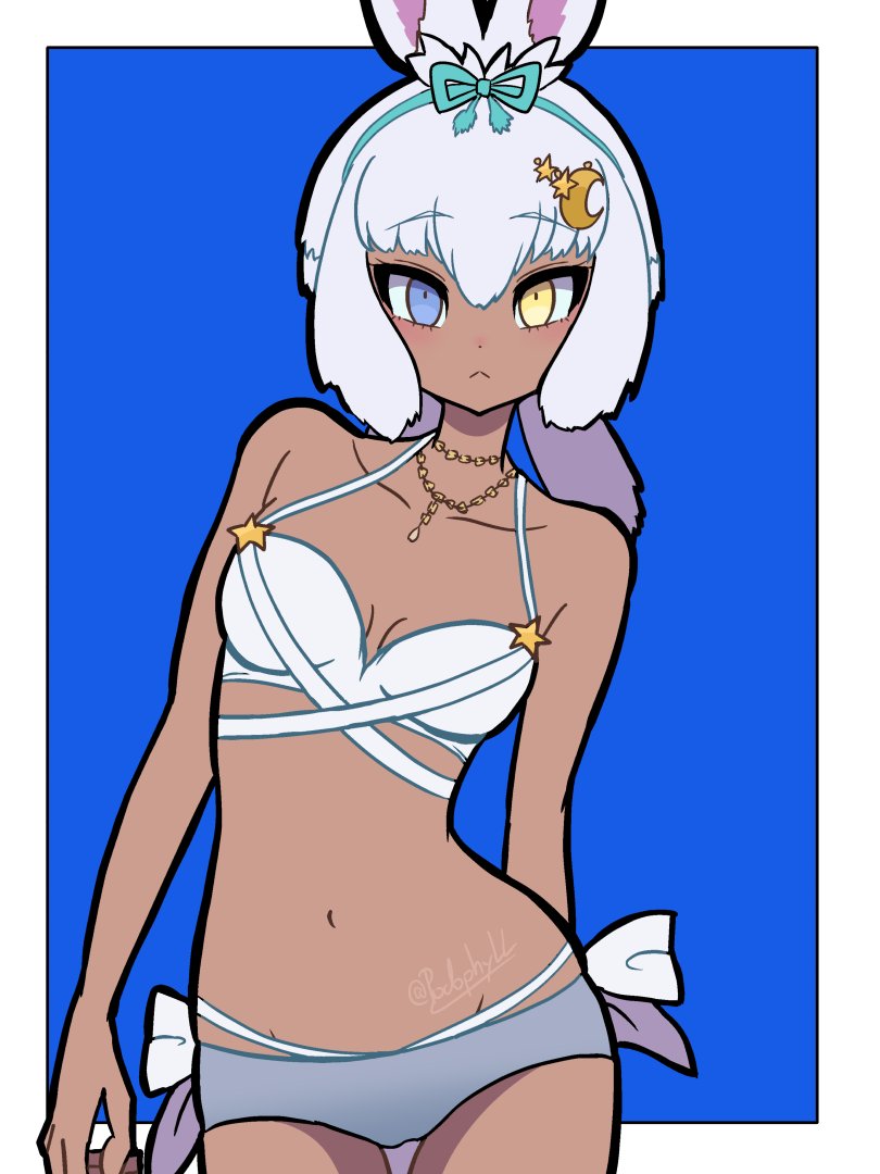 1girl :&lt; alternate_costume animal_ears back_bow bare_arms bare_shoulders bikini blue_bikini blue_bow blue_eyes bow cowboy_shot crescent crescent_hair_ornament dark_skin hair_between_eyes hair_bow hair_ornament heterochromia jewelry kemono_friends kemono_friends_3 looking_at_viewer midriff navel necklace podophyll rabbit_ears rabbit_girl short_hair sidelocks solo spaghetti_strap star_(symbol) star_hair_ornament swimsuit tsukuyomi_shinshi_(kemono_friends) white_bikini white_hair yellow_eyes