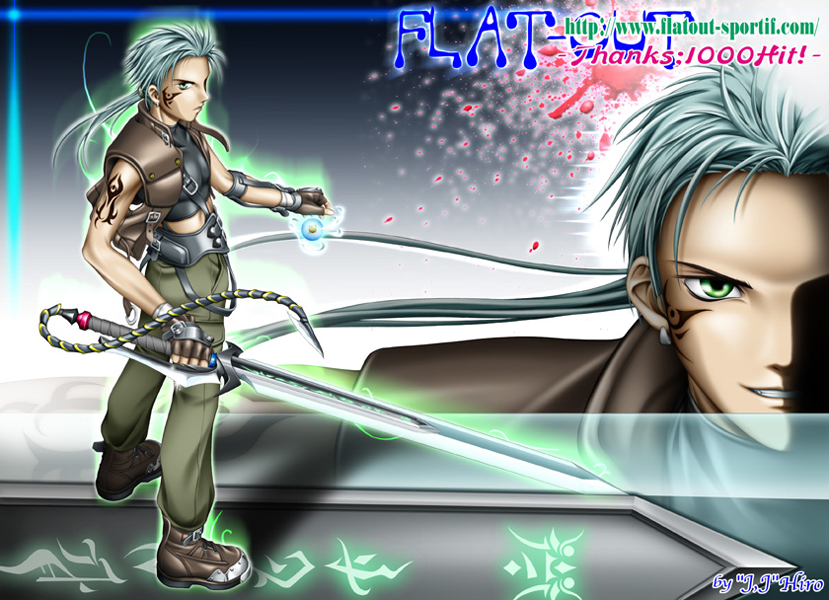 1boy 2000s_(style) arm_tattoo arm_up armored_gloves artist_name aura bad_id belt belt_buckle black_belt black_shirt blue_hair boots brown_footwear brown_gloves brown_vest buckle cargo_pants commentary crop_top earrings facial_tattoo fingerless_gloves full_body gloves gradient_background green_eyes green_pants grin holding holding_sword holding_weapon hoop_earrings j.j_hiro jewelry light_blue_hair long_hair looking_at_viewer low_ponytail magic male_focus multiple_views original pants ponytail second-party_source serious shirt shoulder_strap skin_tight smile standing steel-toe_boots sword tattoo tribal_tattoo vest weapon