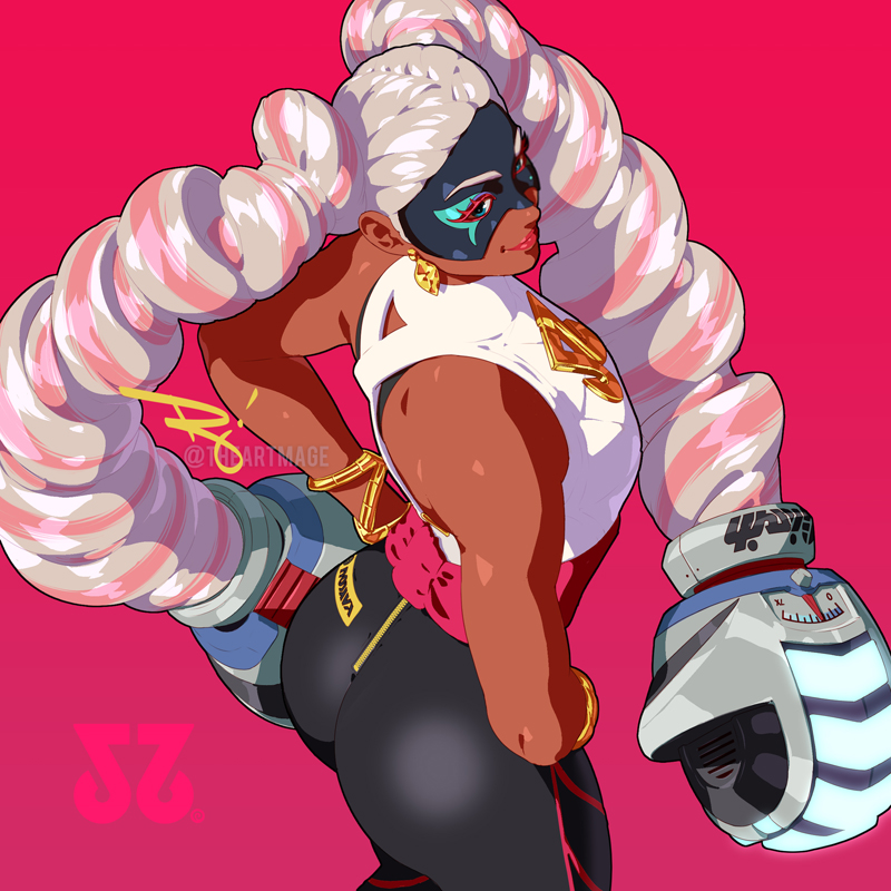 1girl arms_(game) ass ass_focus bare_shoulders black_pants boxing_gloves bracelet chilla_(arms) cropped_legs dark-skinned_female dark_skin domino_mask drill_hair earrings hands_on_own_hips jewelry lips long_hair mask multicolored_hair pants pink_background pink_hair ribbon_hair smile solo standing the_art_mage twin_drills twintails twintelle_(arms) very_long_hair