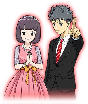 1boy 1girl black_hair digimon digimon_rearise dress formal_clothes hiiragi_takumi kohinata_mayu official_art pointing ribbon short_hair smile suit
