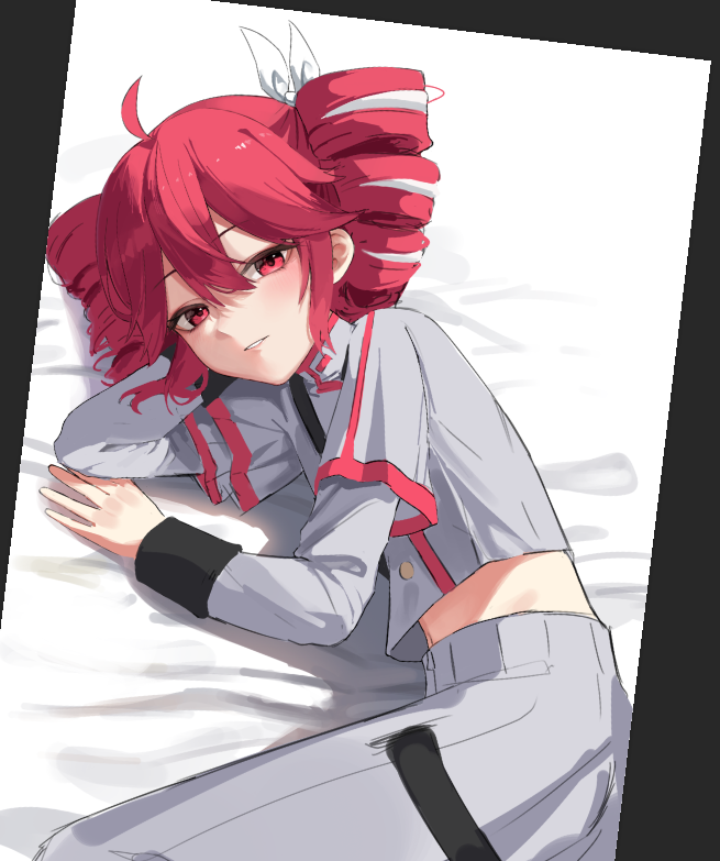 1girl ahoge bag black_sleeve_cuffs blush bow buttons commentary_request drill_hair grey_jacket grey_skirt hair_between_eyes hair_bow hair_ribbon hu2924 jacket kasane_teto kasane_teto_(sv) layered_sleeves long_sleeves looking_at_viewer midriff_peek on_bed parted_lips red_eyes red_hair ribbon shoulder_bag skirt sleeve_cuffs solo synthesizer_v twin_drills utau white_bow white_ribbon