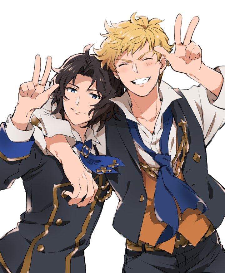 10s 2boys arm_around_neck belt black_hair blonde_hair blue_eyes blush cm10th closed_eyes granblue_fantasy grin lancelot_(granblue_fantasy) looking_at_viewer multiple_boys popped_collar simple_background smile upper_body v vane_(granblue_fantasy) white_background