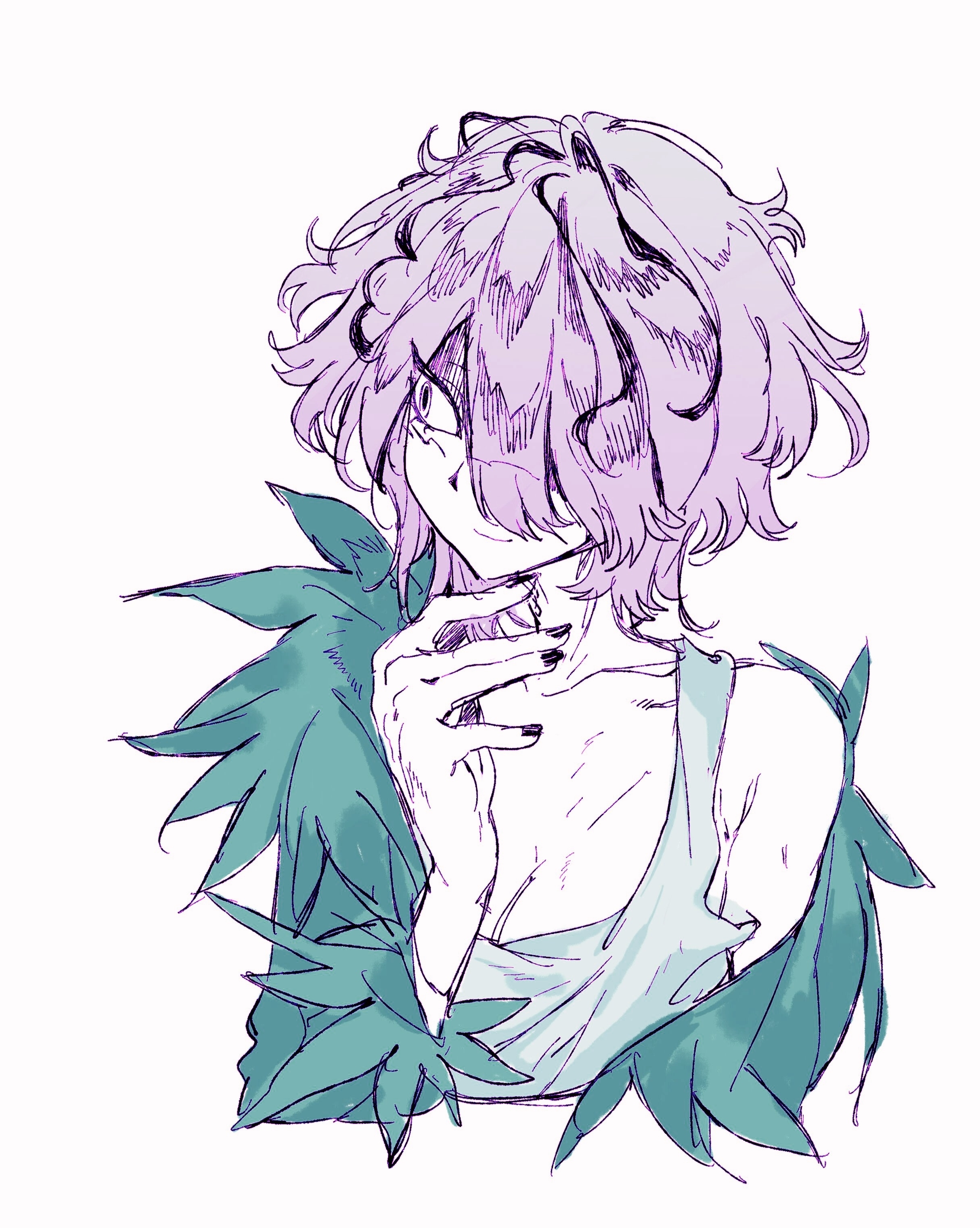 1girl absurdres breasts chinese_commentary cleavage closed_mouth collarbone colored_skin commentary_request cropped_torso garry_(ib) genderswap genderswap_(mtf) green_jacket green_tank_top hair_over_one_eye hand_up highres ib_(kouri) jacket long_sleeves purple_hair short_hair simple_background sketch smile solo tank_top white_background white_skin xiboliya_suanxing_shengwu