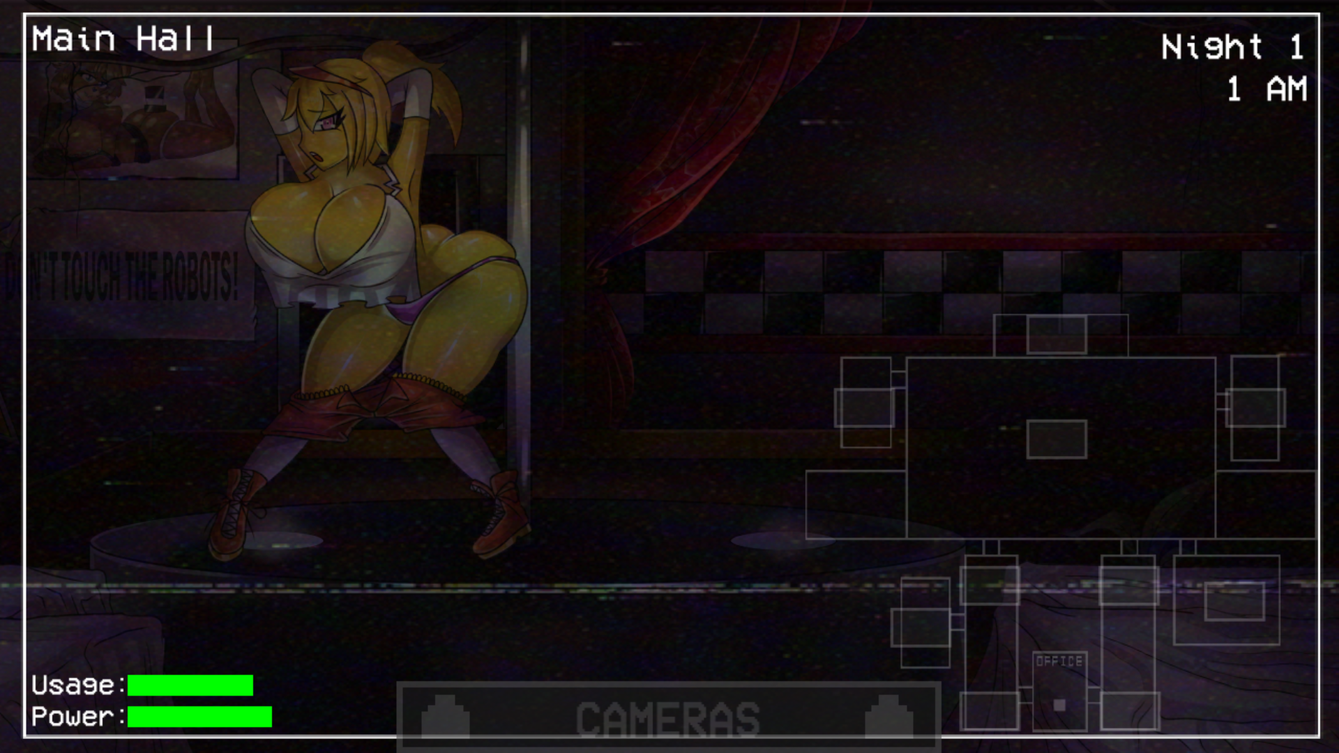 1girl animatronic arms_behind_head arms_up ass blonde_hair breasts butt_crack camera chica cleavage clock completely_nude curtains elbow_gloves english_text five_nights_at_freddy's five_nights_in_anime:_after_hours_(fangame) five_nights_in_anime_(fangame) freddy_fazbear gameplay_mechanics gloves highres large_breasts lying midriff non-web_source nude on_stomach open_mouth orange_pants orange_shoes pants pink_eyes pink_thong pole ponytail poster_(object) shiny_skin shoes sneakers socks solo speaker static stripper_pole undressing video_game white_gloves white_socks