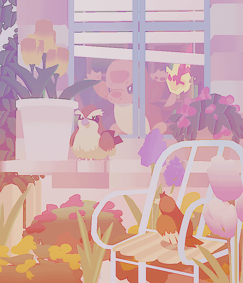 3d animal_focus animated animated_gif bird black_eyes blender_(medium) blinders bright_pupils bush charmander commentary creatures_(company) english_commentary flame-tipped_tail flower game_freak gen_1_pokemon kcamberart lawn_chair looking_at_another looking_through_window low_poly nintendo no_humans on_chair on_windowsill outdoors pidgey pink_flower pink_tulip plant pokemon pokemon_(creature) potted_plant purple_flower solo_focus tulip white_pupils yellow_flower yellow_tulip