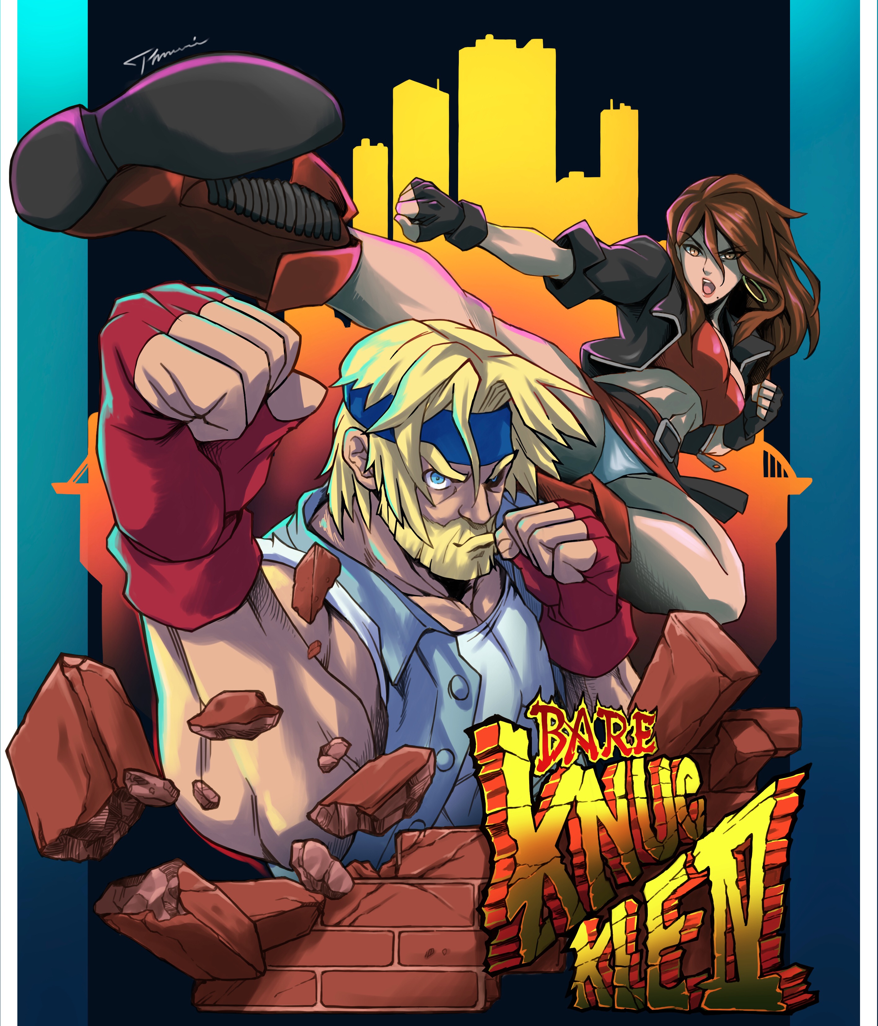 1boy 1girl absurdres angry axel_stone streets_of_rage streets_of_rage_4 beard belt blaze_fielding blonde_hair blue_eyes boots breasts brick_wall brown_eyes brown_hair cameltoe city cleavage earrings facial_hair flying_kick frown gloves hair_between_eyes headband highres jacket jewelry kicking legs long_hair looking_at_viewer muscular open_mouth panties red_skirt sega skirt underwear upskirt white_panties