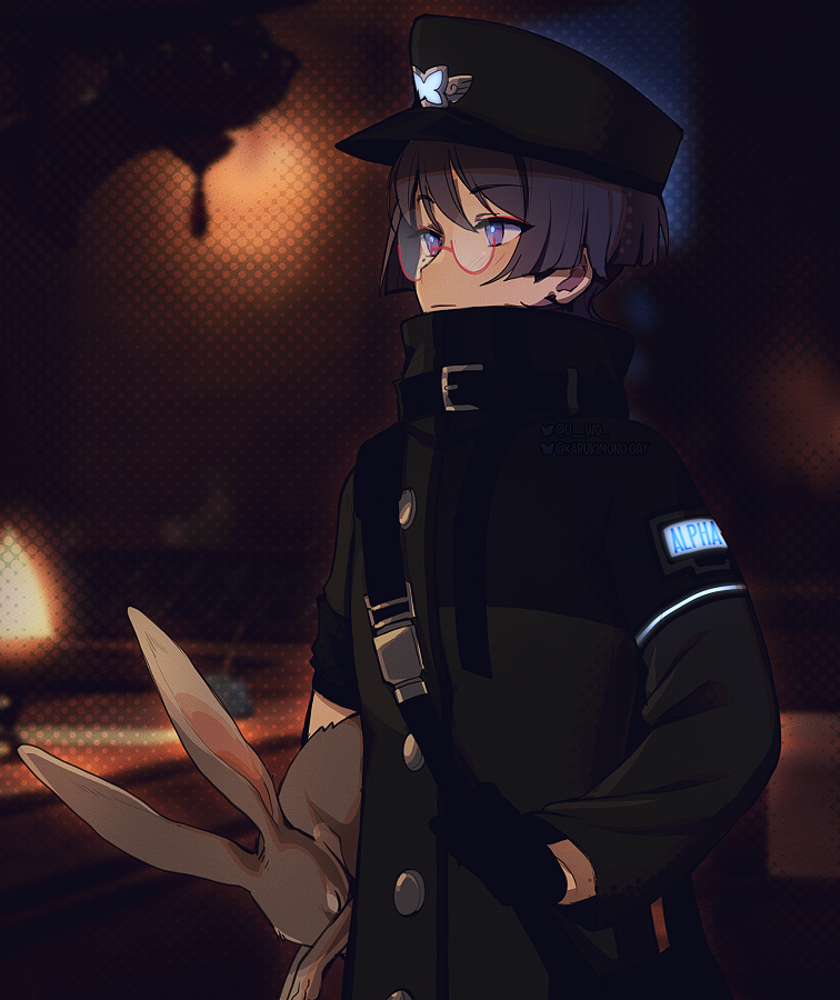 1boy alternate_costume alternate_universe animal arm_at_side asymmetrical_sleeves belt belted_coat black_belt black_cat black_coat black_gloves black_sleeves blue_pupils bluesky_username blunt_ends blush buckle carbuncly cat clenched_hand closed_mouth coat emblem expressionless facing_to_the_side genshin_impact gloves hat holding holding_animal holding_belt holding_rabbit long_sleeves looking_to_the_side m43_field_cap male_focus military_uniform peaked_cap punishing:_gray_raven purple_eyes purple_hair rabbit red-framed_eyewear scaramouche_(genshin_impact) semi-rimless_eyewear short_sleeves solo twitter_username watermark wing_hat_ornament