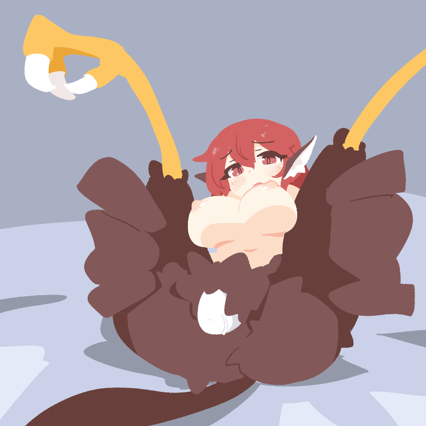 1girl animal_ears big_o_pants bird_ears bird_legs bird_tail blush breasts brown_feathers brown_wings commentary_request egg_laying feather_fingers feathers fio-chan_(big_o_pants) hair_between_eyes harpy large_breasts long_hair looking_at_viewer monster_girl nipples no_lineart nude open_mouth original pussy_juice red_eyes red_hair solo spread_legs tail talons winged_arms wings
