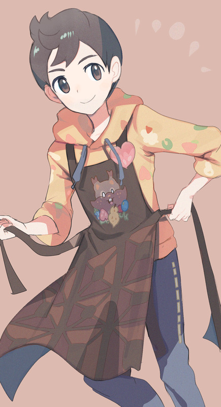 1boy apron brown_apron brown_eyes brown_hair character_print closed_mouth commentary_request gen_8_pokemon greedent holding hood hood_down hoodie male_focus mxkjxm_(nhss2337) nintendo official_alternate_costume pants pokemon pokemon_masters_ex short_hair smile solo tassel victor_(palentine&#039;s_2024)_(pokemon) victor_(pokemon) yellow_hoodie