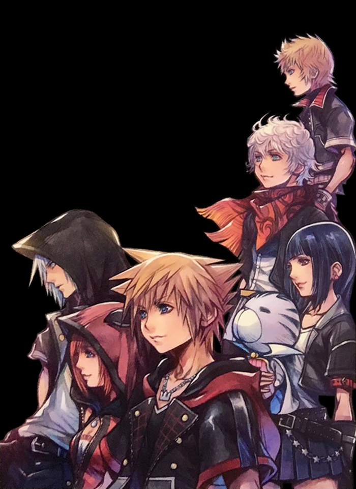 2girls 3boys black_background black_legwear black_shirt blouse blunt_bangs brown_hair chirithy copyright_name ephemer_(kingdom_hearts) ephemera_(kingdom_hearts) hood hoodie jewelry kairi_(kingdom_hearts) kingdom_hearts kingdom_hearts_iii kingdom_hearts_unchained_u03c7 kingdom_hearts_unchained_x multiple_boys multiple_girls necklace nomura_tetsuya official_art red_hair riku_(kingdom_hearts) shirt silver_hair simple_background skuld_(kingdom_hearts) sora_(kingdom_hearts) spiked_hair square_enix thighhighs ventus_(kingdom_hearts) white_shirt