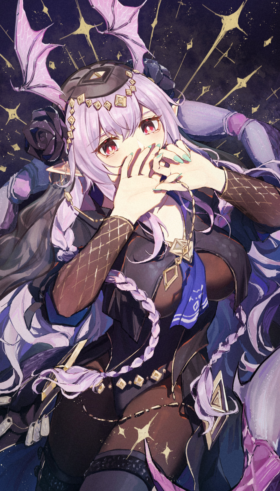 1girl aqua_nails arknights black_flower black_rose black_thighhighs black_veil bodystocking braid commentary_request covering_own_mouth cowboy_shot flower covering_own_mouth hands_up head_wings highres long_hair long_sleeves looking_at_viewer manticore_(arknights) manticore_(under_a_veil)_(arknights) official_alternate_costume pointy_ears red_eyes rose scorpion_tail sidelocks solo tail thighhighs twin_braids veil very_long_hair wings wu_yang