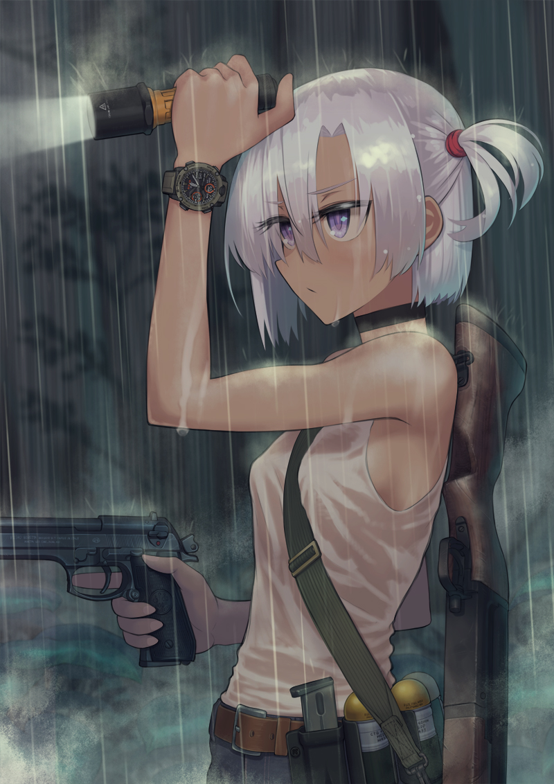 1girl 40x46_lv_hedp_m433 40x46mm_lv ammunition ammunition_belt anti-materiel_cartridge belt beretta_92 between_breasts black_choker blunt_ends bob_cut break-action_grenade_launcher breasts brown_belt choker closed_mouth commentary_request dual-purpose_cartridge explosive flashlight frown grenade grenade_cartridge grenade_launcher gun hair_tie handgun high-explosive_anti-tank_(warhead) high-explosive_cartridge high-explosive_dual-purpose_cartridge holding holding_flashlight holding_gun holding_weapon looking_to_the_side m79 magazine_(weapon) military night one_side_up original outdoors over_shoulder partial_commentary purple_eyes rain rifle samaru_(seiga) shirt silver_hair solo standing subsonic_ammunition tank_top watch weapon weapon_over_shoulder wet wet_clothes wet_shirt white_shirt wristwatch