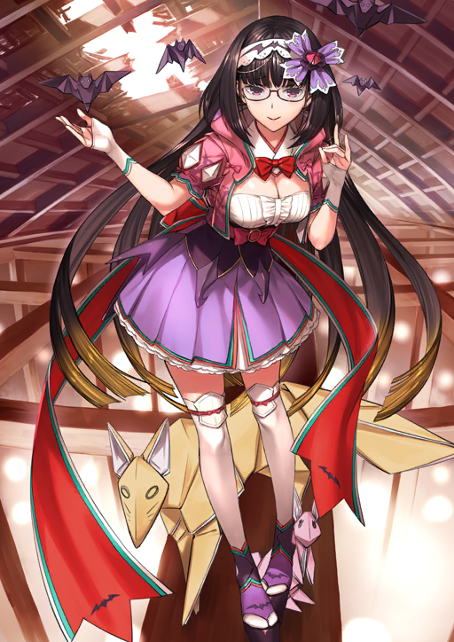 1girl back_bow bat_(animal) bow bow_hairband bowtie breasts brown_hair center_frills cleavage closed_mouth collar cropped_jacket detached_collar fate/grand_order fate_(series) fingerless_gloves fox fox_shadow_puppet frilled_skirt frills full_body glasses gloves gradient_hair hairband hands_up hood hood_down hooded_jacket jacket japanese_clothes leaning_forward long_hair looking_at_viewer medium_breasts miniskirt moriyama_daisuke multicolored_hair official_art open_clothes open_jacket orange_hair origami osakabehime_(fate) pink_bow pink_eyes pink_jacket pink_sash platform_sandals purple_bow purple_sandals purple_skirt rabbit red_bow red_bowtie round_eyewear sandals sash shirt short_sleeves sidelocks skirt smile socks solo thighhighs third-party_source variant_set very_long_hair waist_bow white_collar white_gloves white_hairband white_shirt white_socks white_thighhighs