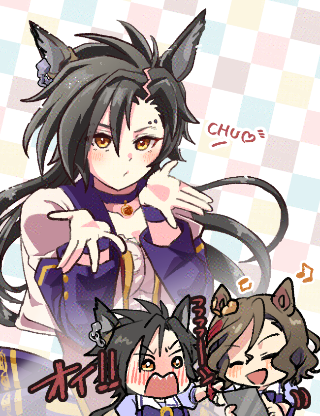 2girls :d ^_^ air_shakur_(umamusume) angry animal_ears beamed_eighth_notes black_hair blowing_kiss blue_sleeves blush bow bowtie brown_hair closed_eyes commentary ear_ornament embarrassed eyebrow_piercing hands_up holding holding_tablet_pc horse_ears horse_girl jacket jewelry long_hair multiple_girls multiple_views musical_note open_mouth parted_hair pendant piercing puffy_short_sleeves puffy_sleeves purple_bow purple_bowtie ria_(injuriar) sailor_collar sailor_shirt school_uniform sharp_teeth shirt short_hair short_sleeves smile starting_future_(umamusume) summer_uniform tablet_pc tap_dance_city_(umamusume) teeth tracen_school_uniform umamusume v-shaped_eyebrows wavy_hair white_jacket yellow_eyes