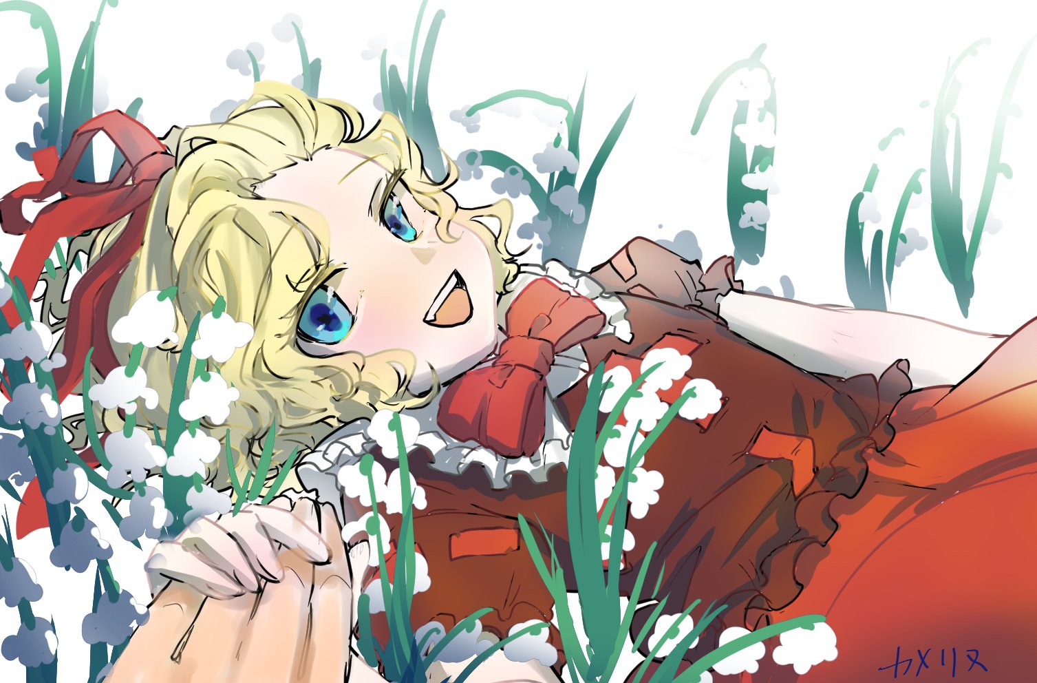1boy 1girl black_skirt blonde_hair blue_eyes bow flower frilled_shirt frilled_shirt_collar frilled_sleeves frills hetero holding_hands lily_of_the_valley looking_at_viewer lying medicine_melancholy namuru_(twitter) open_mouth pov puffy_short_sleeves puffy_sleeves red_bow red_ribbon red_skirt ribbon shirt short_hair short_sleeves skirt smile teeth touhou