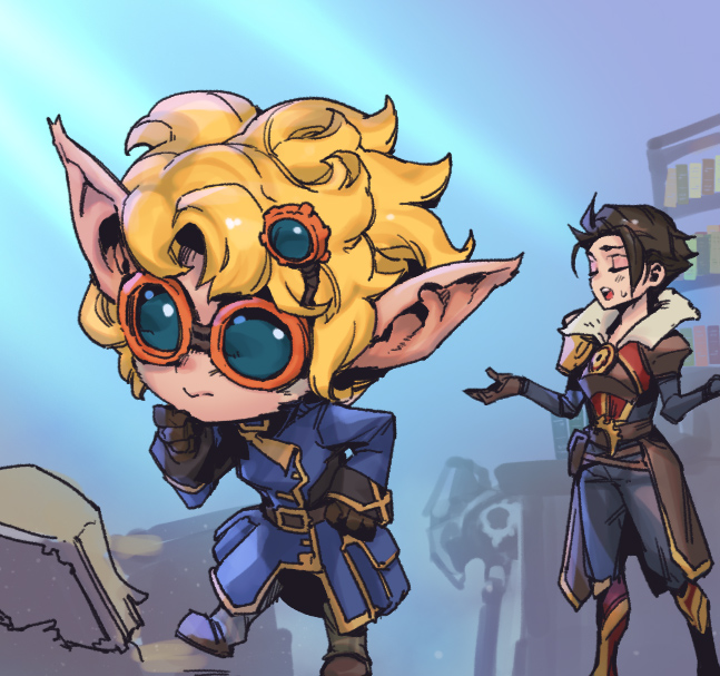 :o arcane:_league_of_legends arcane_heimerdinger belt black_pants blonde_hair blue_jacket blush book brown_belt brown_coat brown_gloves brown_hair closed_eyes closed_mouth coat genderswap genderswap_(mtf) gloves goggles goggles_on_head hair_ornament hammer heimerdinger jacket jayce_(league_of_legends) league_of_legends long_sleeves open_book open_mouth pants phantom_ix_row pointy_ears short_hair standing sweatdrop yordle