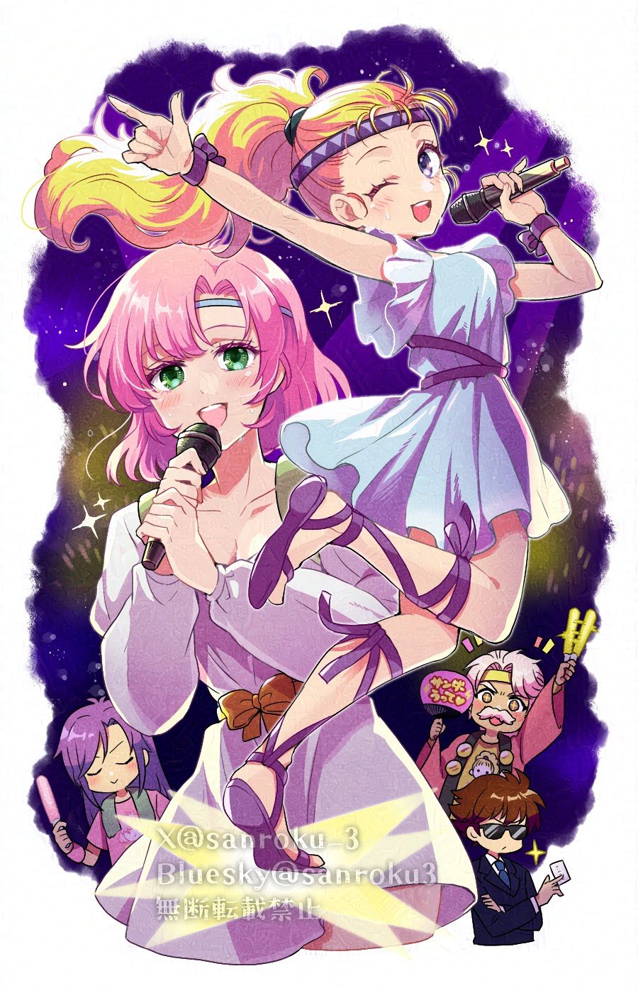 2boys 3girls bartz_klauser black_suit blonde_hair blue_dress blue_eyes blue_headband blue_necktie blush border breasts brown_hair cleavage closed_mouth collarbone collared_shirt dress facial_hair faris_scherwiz final_fantasy final_fantasy_v formal_clothes frilled_sleeves frills galuf_halm_baldesion gladiator_sandals grandfather_and_granddaughter green_eyes hair_tie hand_fan headband highres holding holding_fan holding_microphone idol juliet_sleeves krile_mayer_baldesion_(ff5) lenna_charlotte_tycoon long_hair long_sleeves medium_breasts medium_hair microphone multiple_boys multiple_girls music mustache necktie old old_man one_eye_closed open_mouth parted_bangs pink_hair pink_robe pink_shirt pointing ponytail puffy_sleeves purple_dress purple_hair ribbon robe sandals sanroku_3 security_guard shirt short_hair short_sleeves singing smile sparkle suit sunglasses swept_bangs twitter_username waving white_border white_hair white_shirt wrist_ribbon