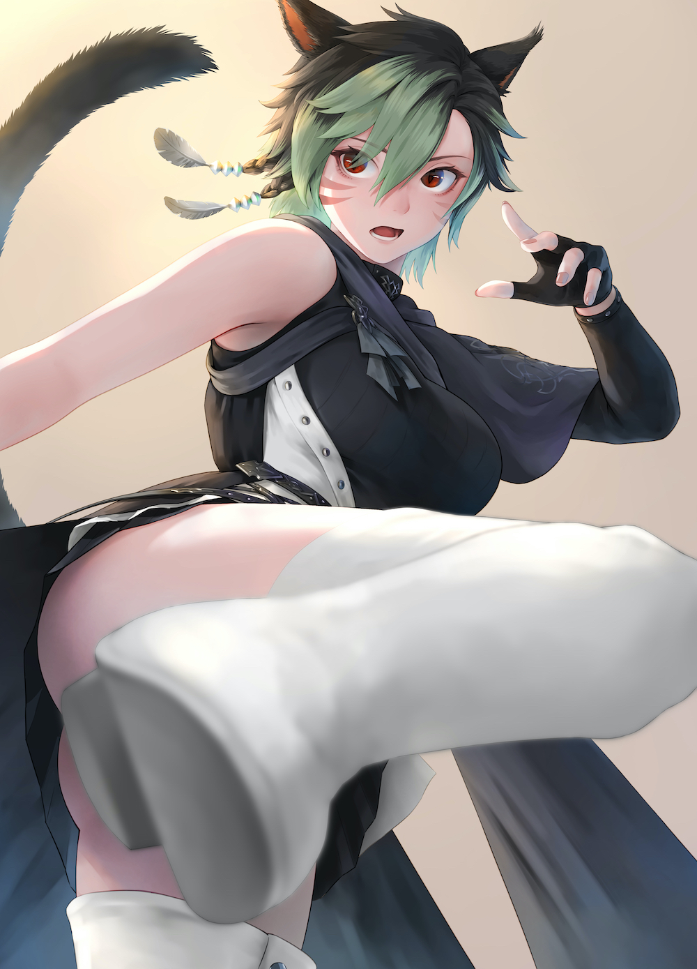 1girl animal_ears black_hair black_shirt black_skirt boots cat_ears cat_girl cat_tail commission facial_mark final_fantasy final_fantasy_xiv fingerless_gloves gloves green_hair hair_ornament highres miniskirt miqo&#039;te multicolored_hair okoge_lab open_mouth red_eyes roundhouse_kick shirt skeb_commission skirt solo tail thigh_boots two-tone_hair warrior_of_light_(ff14) whisker_markings white_boots