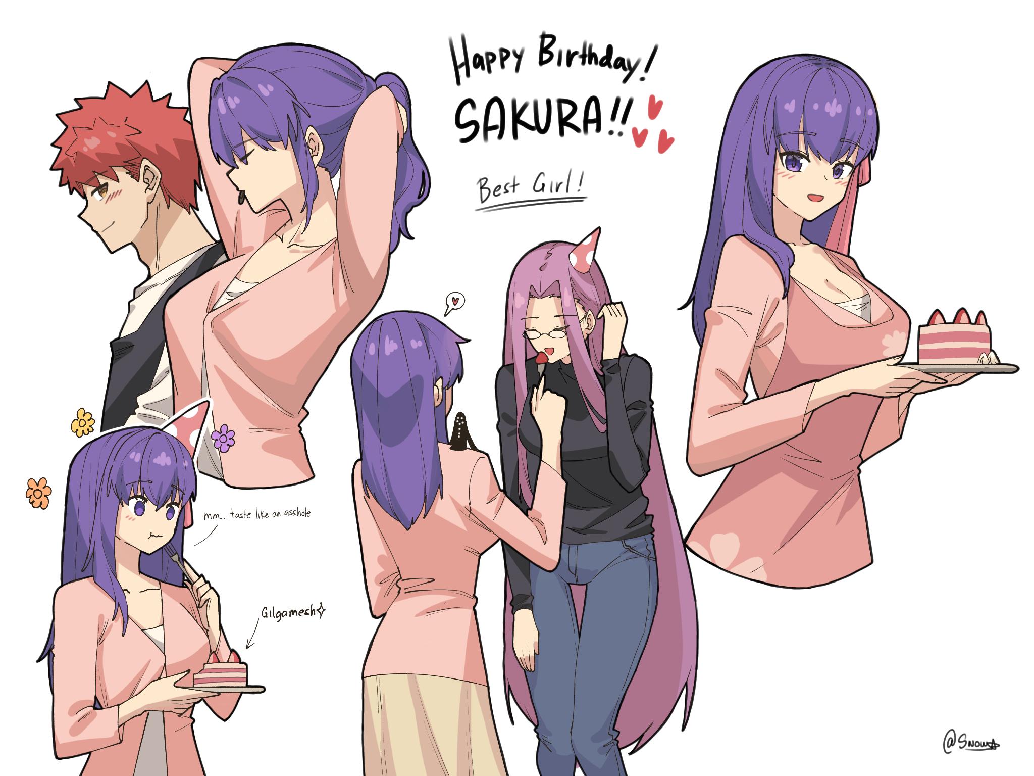 1boy 2girls apron black_apron black_shirt blue_pants breasts cake cleavage commentary denim eating emiya_shirou english_commentary english_text fate/hollow_ataraxia fate/stay_night fate_(series) food glasses hair_ribbon happy_birthday hat heart highres holding holding_plate implied_cannibalism jeans large_breasts long_hair matou_sakura medium_breasts medusa_(fate) medusa_(rider)_(fate) multiple_girls orange_eyes orange_hair pants party_hat pink_apron plate ponytail purple_eyes purple_hair ribbon shirt skirt suhyeon thigh_gap turtleneck turtleneck_shirt tying_hair very_long_hair yellow_skirt