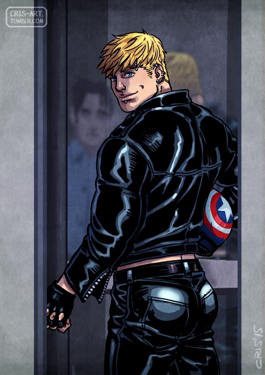 2boys alternate_costume ass bad_id bad_tumblr_id bara black_hair blonde_hair captain_america collared_jacket couple cris_art face_piercing fanfic feet_out_of_frame hulkling jacket leather leather_jacket leather_pants lip_piercing looking_at_viewer looking_back male_focus marvel merchandise midriff_peek multiple_boys muscular muscular_male pants piercing reflection short_hair sideburns smile standing thick_eyebrows wiccan yaoi