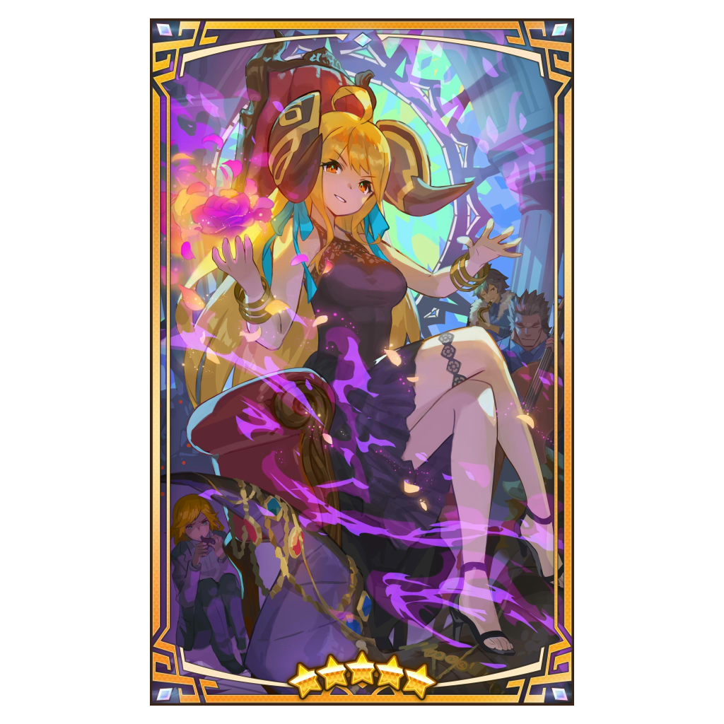1girl 3boys ahoge alternate_costume alternate_eye_color aura bare_arms bare_legs bare_shoulders blonde_hair bracelet breasts chair corrupted corruption crossed_legs cygames dancing dark_persona dragalia_lost dress earrings emile_(dragalia_lost) evil_grin evil_smile floating floating_object flower formal_clothes grin harle_(dragalia_lost) high_heels indoors instrument jewelry legs looking_at_viewer morsayati multiple_boys necklace nintendo ocarina official_alternate_costume official_art one_eye_closed party petals possessed possession purple_dress red_eyes saitou_naoki sitting smile suit thigh_strap throne tiara valyx violin zethia
