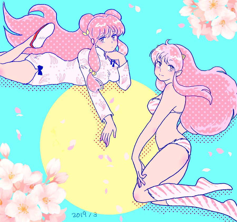 alternate_color bra cherry_blossoms chinese_clothes double_bun hair_bun horns lum multiple_girls panties pink_hair ranma_1/2 shampoo_(ranma_1/2) sidelocks striped_bra striped_clothes striped_panties underwear urusei_yatsura