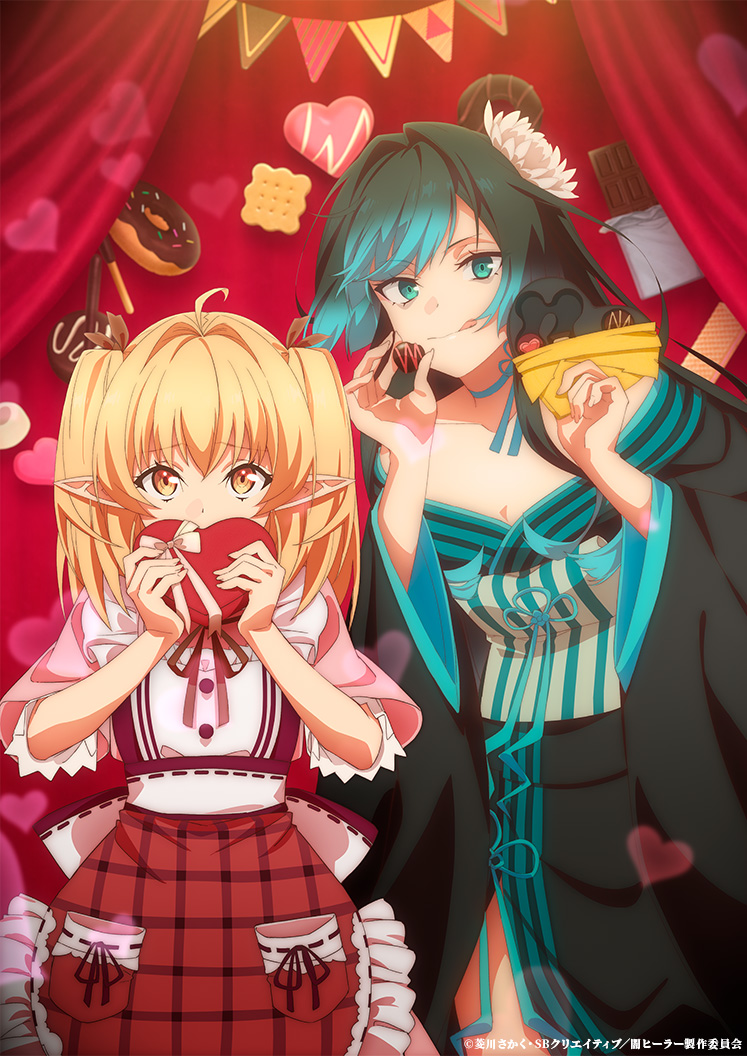 2girls ahoge apron black_dress black_hair blonde_hair blue_eyes blue_hair box box_of_chocolates breasts candy carmilla_(yami_healer) checkered_apron checkered_clothes chocolate chocolate_heart closed_mouth cookie donut dress flower food hair_flower hair_ornament hair_ribbon hands_up heart isshun_de_chiryou_shiteita_noni_yakutatazu_to_tsuihou_sareta_tensai_chiyushi_yami_healer_toshite_tanoshiku_ikiru lily_(yami_healer) long_hair looking_at_viewer multicolored_hair multiple_girls official_art orange_eyes pink_dress pointy_ears red_apron ribbon smile tongue twintails two-tone_hair valentine very_long_hair