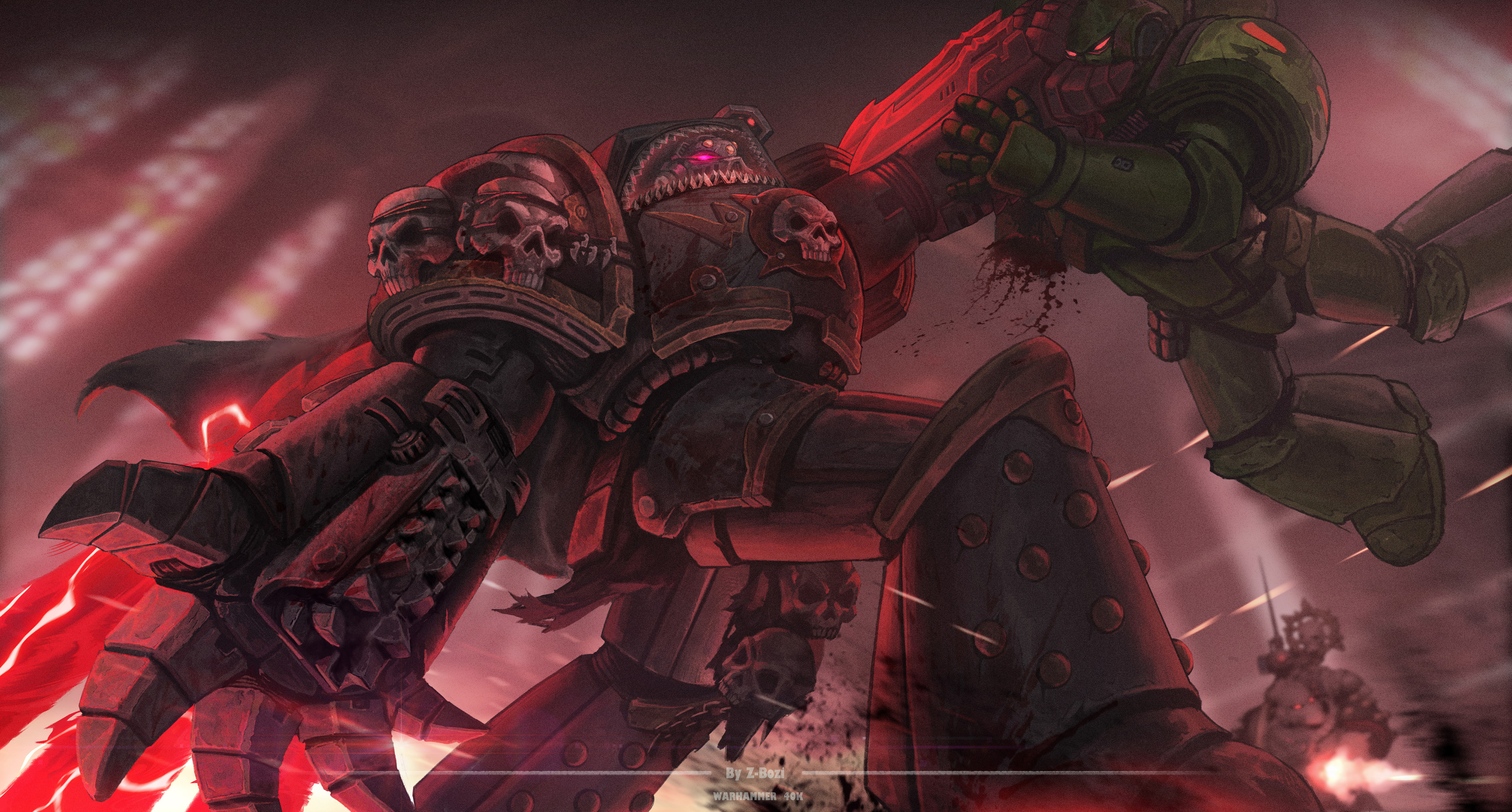 absurdres adeptus_astartes armor armored_boots artist_name battle boots breastplate carcharodons chain couter crotch_plate cuirass damaged firing gauntlets glowing glowing_eyes greaves green_armor grey_armor helmet highres indoors leg_armor lifting_person lightning_claw male_focus mantis_warriors_(warhammer) missing_limb motion_blur pauldrons poleyn power_armor purple_eyes red_eyes rerebrace shoulder_armor skull stained_glass studded_armor tyberos_the_red_wake warhammer_40k wide_shot zhang_bozi