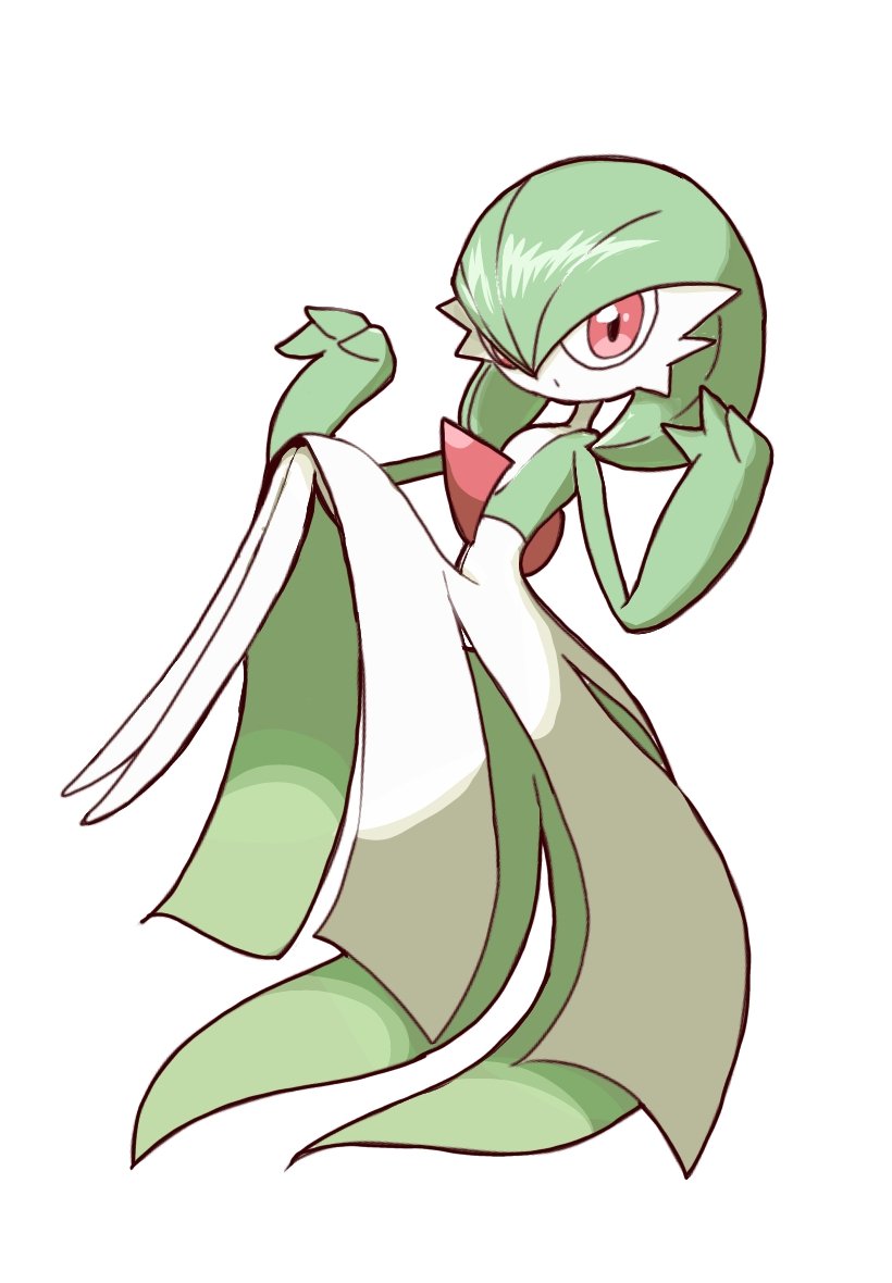 1girl bob_cut closed_mouth colored_skin female_focus flat_chest floating from_side full_body gardevoir gen_3_pokemon green_hair green_skin hair_over_one_eye hands_up knees_up legs_together looking_at_viewer monya multicolored_skin nintendo no_feet one_eye_covered pokemon pokemon_(creature) red_eyes short_hair simple_background solo two-tone_skin white_background white_skin