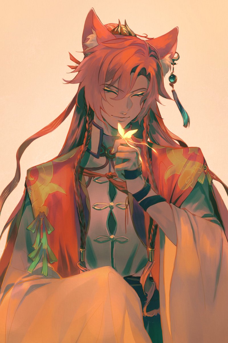 1boy animal_ear_fluff animal_ears braid bug butterfly cape chinese_clothes closed_eyes earrings firefly fox_boy fox_ears geene hair_between_eyes hair_ribbon highres holding_butterfly honkai:_star_rail honkai_(series) insect jewelry jiaoqiu_(honkai:_star_rail) long_hair male_focus mandarin_collar pink_hair red_cape red_ribbon ribbon simple_background solo tassel tassel_earrings twin_braids upper_body