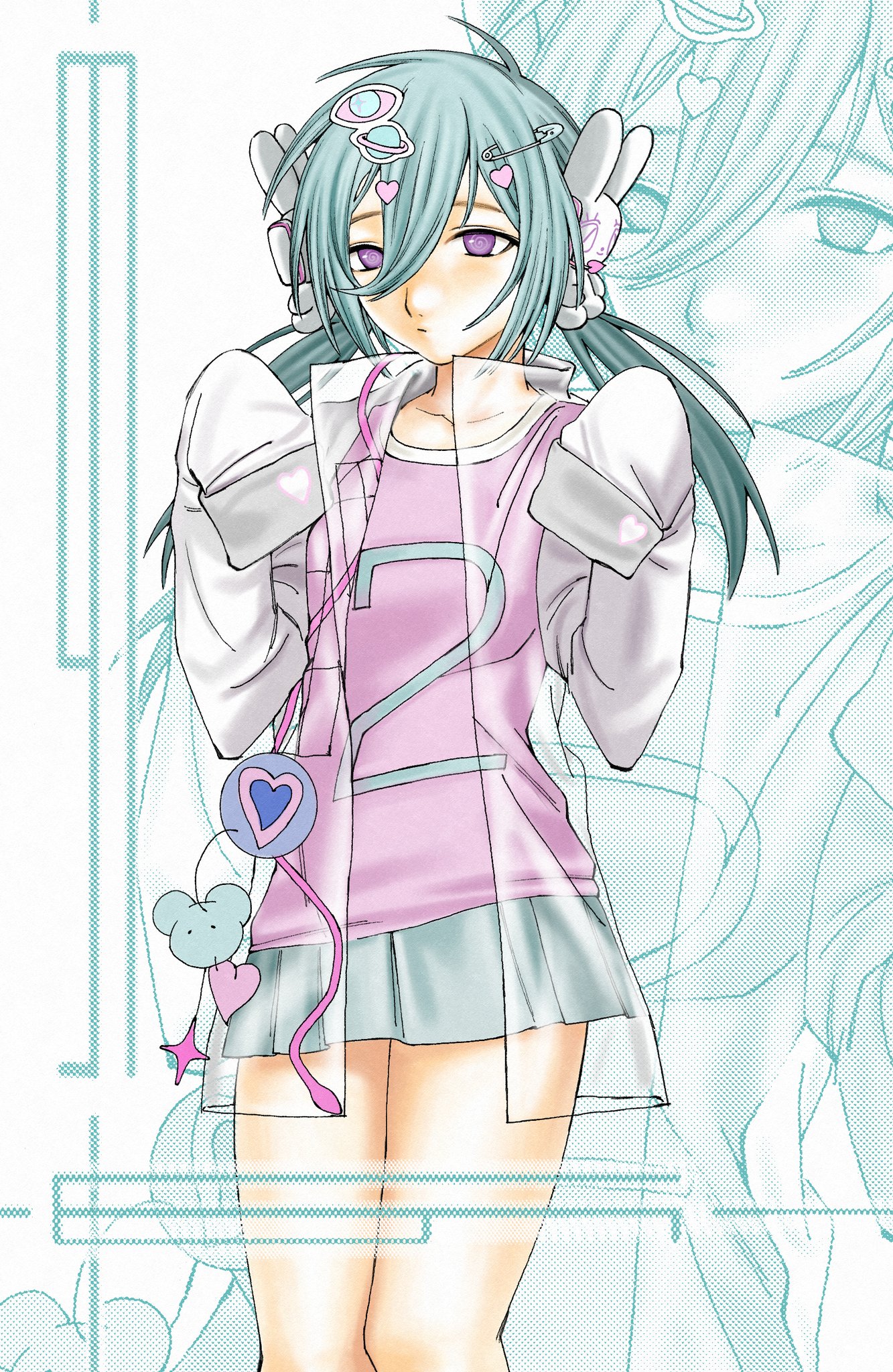 1girl aqua_hair check_copyright commission copyright_request expressionless flat_chest highres jacket kennomou long_hair miniskirt original purple_eyes see-through_clothes see-through_jacket skirt sleeves_past_fingers sleeves_past_wrists twintails zoom_layer