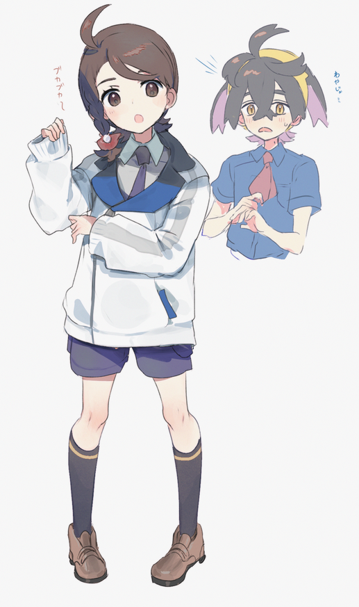 1boy 1girl :o ahoge borrowed_clothes brown_eyes brown_footwear brown_hair collared_shirt commentary_request eyelashes jacket juliana_(pokemon) kieran_(pokemon) knees looking_at_viewer mxkjxm_(nhss2337) necktie nintendo notice_lines open_mouth pigeon-toed pokemon pokemon_sv shirt shoes shorts socks standing translation_request white_background white_jacket white_shirt