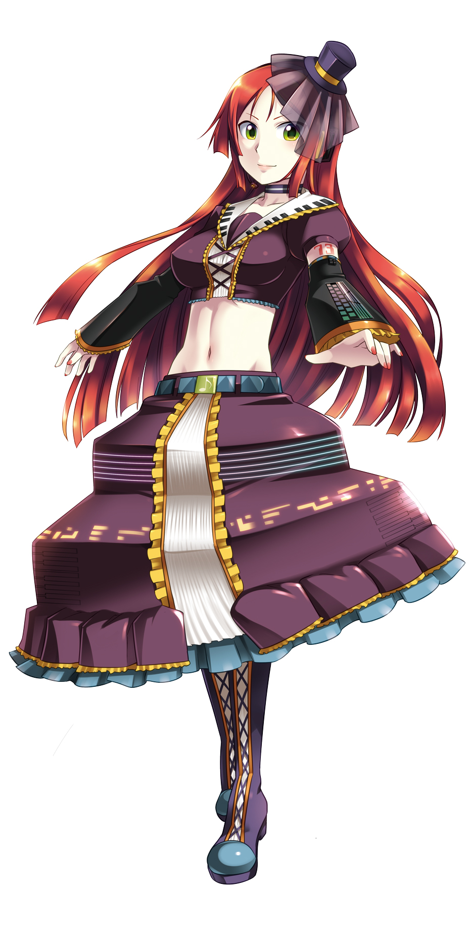 1boy caffein hat highres long_hair male_focus midriff mini_hat mini_top_hat nail_polish namine_ritsu pantyhose red_hair solo top_hat trap utau yellow_eyes