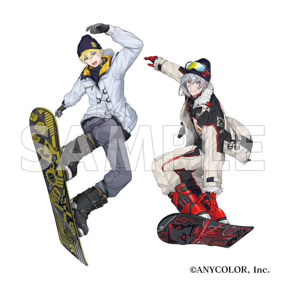 2boys :d beanie black_boots black_hat black_jacket black_shirt blonde_hair boots copyright_notice facial_tattoo fulgur_ovid full_body fur-trimmed_jacket fur-trimmed_sleeves fur_trim gloves goggles goggles_on_headwear grey_eyes grey_gloves grey_hair grey_jacket grey_pants hair_between_eyes hat jacket long_bangs long_sleeves looking_at_viewer male_focus mechanical_arms multicolored_jacket multiple_boys nijisanji nijisanji_en official_art open_clothes open_jacket open_mouth outstretched_arm padded_jacket pants parted_lips purple_eyes red_boots saino_misaki sample_watermark shirt short_hair simple_background ski_boots ski_goggles skiing smile snowboard snowboarding sonny_brisko standing tattoo two-tone_jacket virtual_youtuber watermark white_background white_jacket winter_clothes