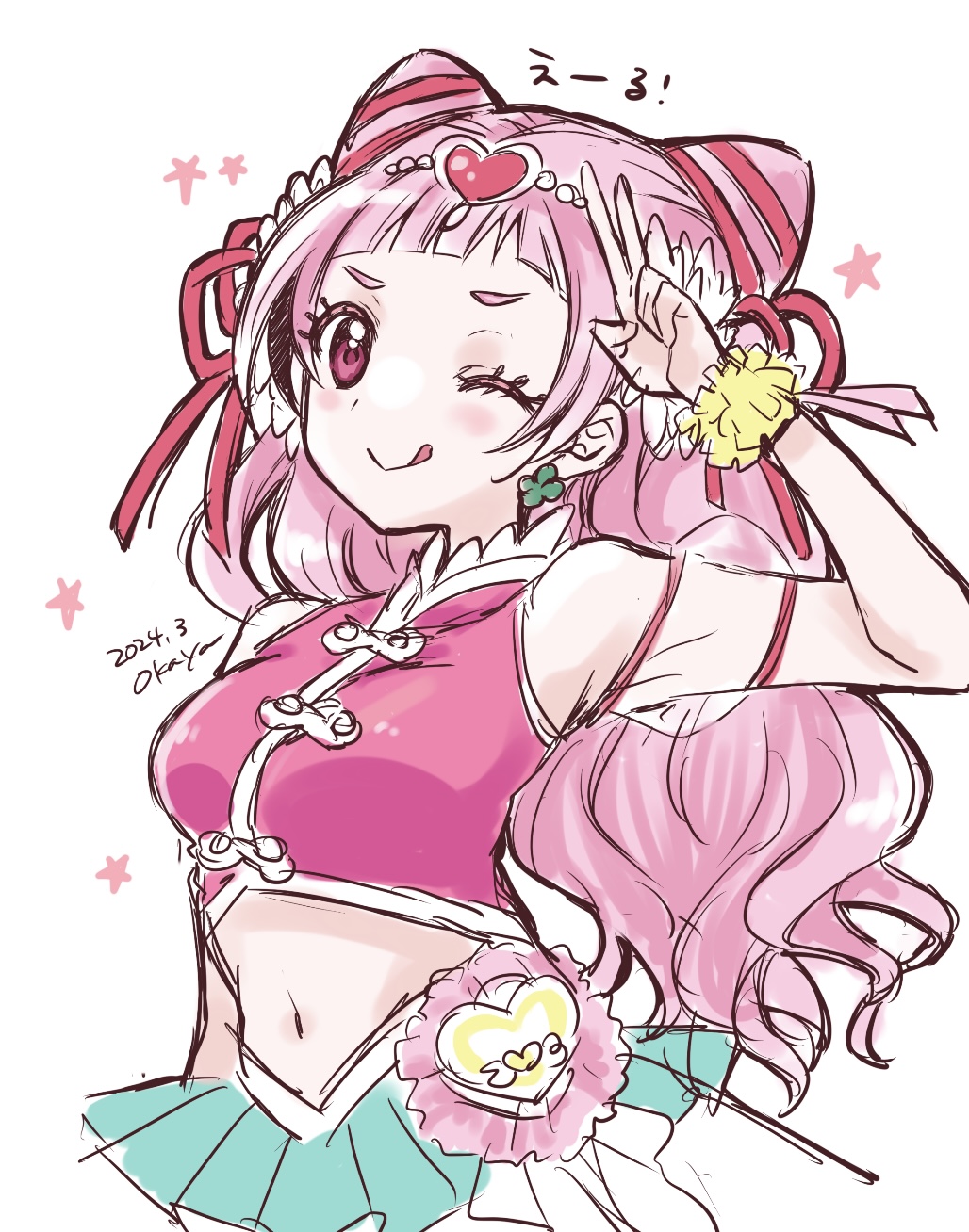 ;p breasts clothing_cutout clover_earrings cone_hair_bun cure_yell four-leaf_clover_earrings hair_bun hair_ornament heart heart_hair_ornament heart_pouch highres hugtto!_precure layered_skirt long_hair magical_girl navel navel_cutout nono_hana okayashi one_eye_closed pink_eyes pink_hair precure short_bangs skirt small_breasts thick_eyelashes tongue tongue_out waist_brooch wavy_hair
