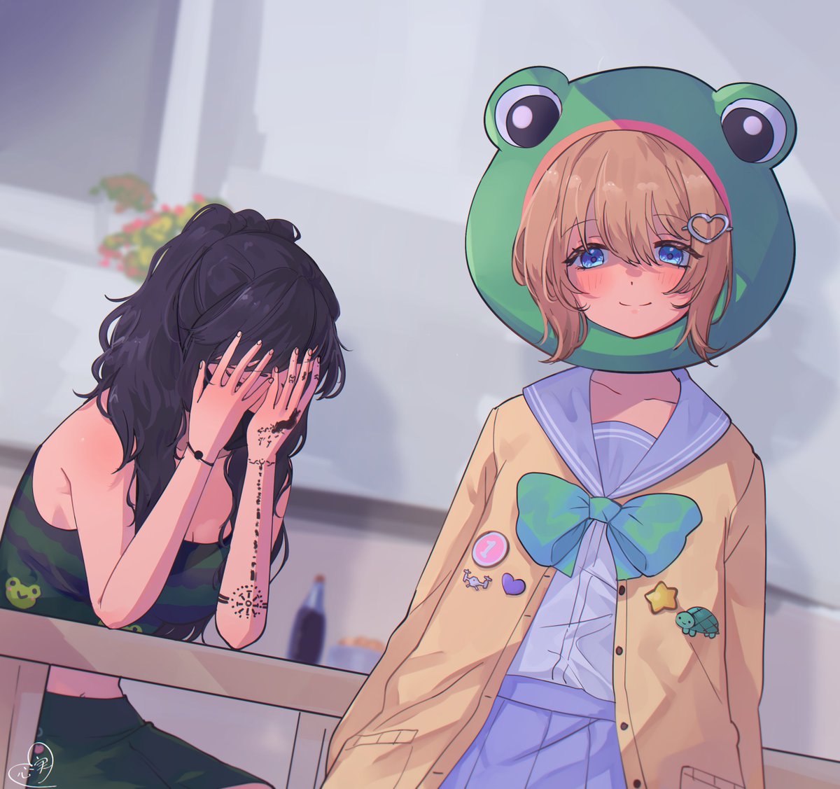 2girls aqua_bow aqua_bowtie arm_tattoo badge black_hair blue_eyes blue_sailor_collar blue_skirt blush bow bowtie breasts brown_hair button_badge buttons cardigan closed_eyes commentary dress_shirt dutch_angle english_commentary frog_hat green_skirt hair_between_eyes hair_ornament hands_on_own_face heart heart_button heart_hair_ornament indie_virtual_youtuber indoors kokomi_(aniesuakkaman) large_breasts layna_lazar mask mouth_mask multiple_girls neuro-sama pleated_skirt sailor_collar shirt shirt_tucked_in sitting skirt standing star_button striped_tank_top table tank_top tattoo turtle_button upper_body virtual_youtuber yellow_cardigan