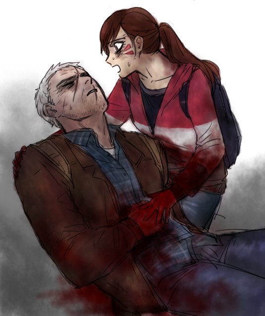 1boy 1girl alternate_hairstyle backpack bag black_shirt blood blood_on_clothes blood_on_hands brown_eyes brown_hair brown_jacket closed_eyes collarbone cosplay d.va_(overwatch) denim dress_shirt dying ellie_(the_last_of_us) ellie_(the_last_of_us)_(cosplay) facepaint facial_hair facial_mark hood hooded_jacket hoodie jacket jeans joel_(the_last_of_us) joel_(the_last_of_us)_(cosplay) kneeling long_hair long_sleeves m_mim on_floor open_mouth overwatch overwatch_1 pants parody ponytail shirt short_hair sitting soldier:_76_(overwatch) sweatdrop the_last_of_us the_last_of_us_(series) whisker_markings white_hair