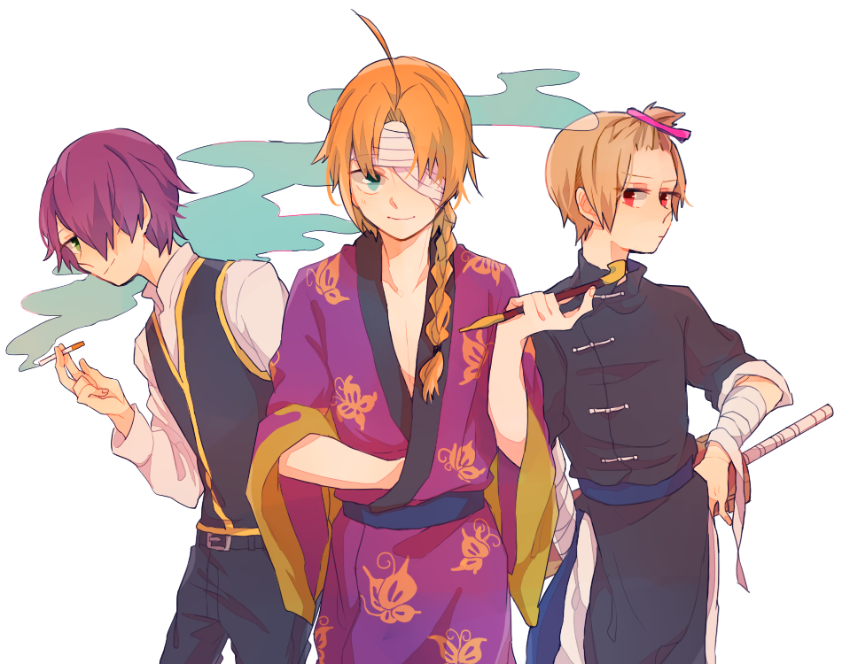 3boys ahoge animal_print bandage_over_one_eye bandaged_arm bandages blue_eyes braid brown_hair butterfly_print changshan chinese_clothes cigarette cosplay gintama grey_eyes hair_over_one_eye hand_on_own_hip hijikata_toushirou hijikata_toushirou_(cosplay) japanese_clothes kamui_(gintama) kamui_(gintama)_(cosplay) kimono long_hair looking_at_viewer male_focus md5_mismatch mizu mizu_(mu480) multiple_boys okita_sougo okita_sougo_(cosplay) one_eye_covered orange_hair purple_hair red_eyes shinsengumi_uniform_(gintama) short_hair simple_background single_braid smile smoke smoking_pipe takasugi_shinsuke takasugi_shinsuke_(cosplay) white_background