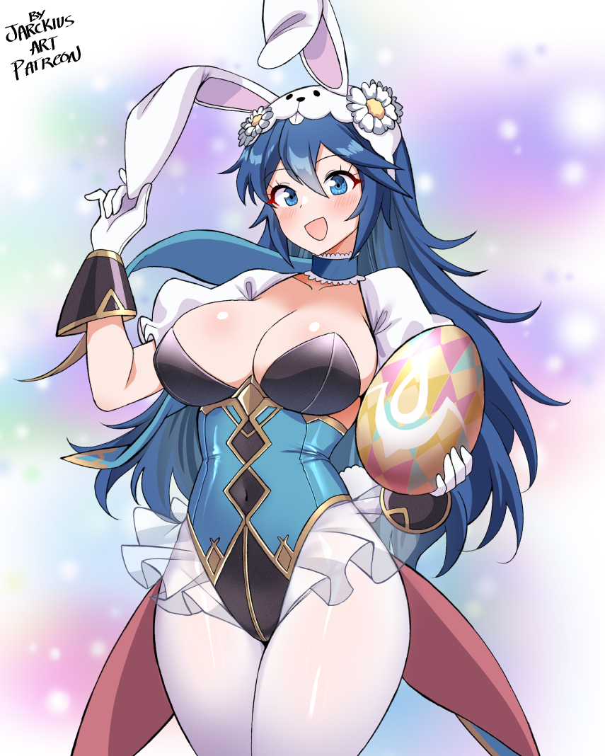 1girl animal_ears animal_hat blue_eyes blue_hair blush breasts cleavage cowboy_shot easter_egg egg fake_animal_ears fire_emblem fire_emblem_awakening fire_emblem_heroes gloves hat holding holding_egg jarckius large_breasts leotard long_hair looking_at_viewer lucina_(fire_emblem) lucina_(spring_exalt)_(fire_emblem) nintendo official_alternate_costume open_mouth pantyhose playboy_bunny rabbit_ears rabbit_hat smile solo white_pantyhose