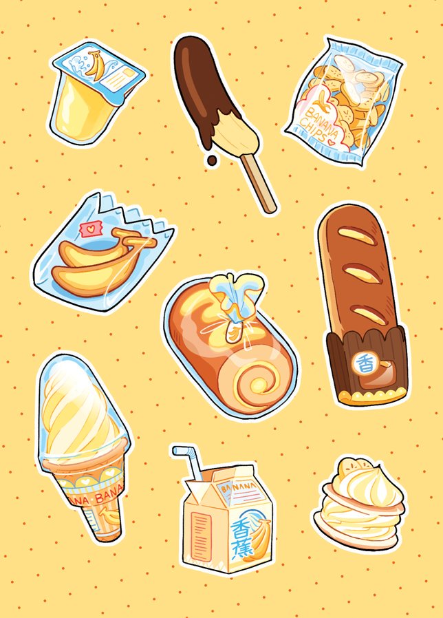 bag baguette banana banana_slice border bread cake chocolate-covered_food chocolate_banana commentary cookie drinking_straw english_commentary food food_focus food_wrapper fruit ice_cream ice_cream_cone ice_cream_sandwich milk_carton no_humans original plastic_bag polka_dot polka_dot_background popsicle_stick pudding simple_background sixiao_tang swiss_roll whipped_cream white_border yellow_background yellow_theme