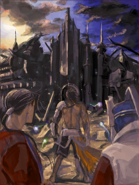00s 3boys arisue_kanako armor auron black_hair braska brown_hair building final_fantasy final_fantasy_x from_behind jecht long_hair male_focus multiple_boys muscular ponytail topless_male spoilers sun