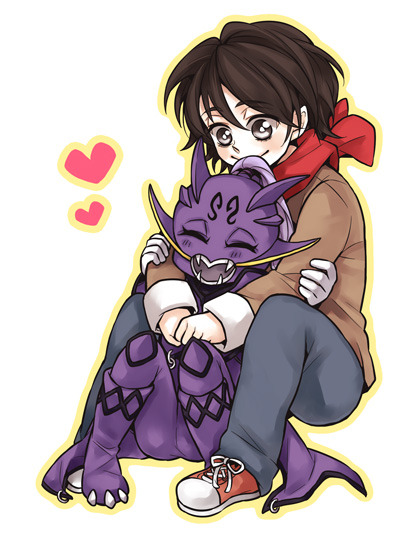 2boys ^_^ armor between_legs blush closed_eyes dead_source dragon hands_on_arms happy heart holding_arms hug hug_from_behind kamen_rider kamen_rider_den-o_(series) male_focus monster monster_boy multiple_boys nogami_ryoutarou open_mouth ponytail purple_armor purple_hair ryutaros sitting smile