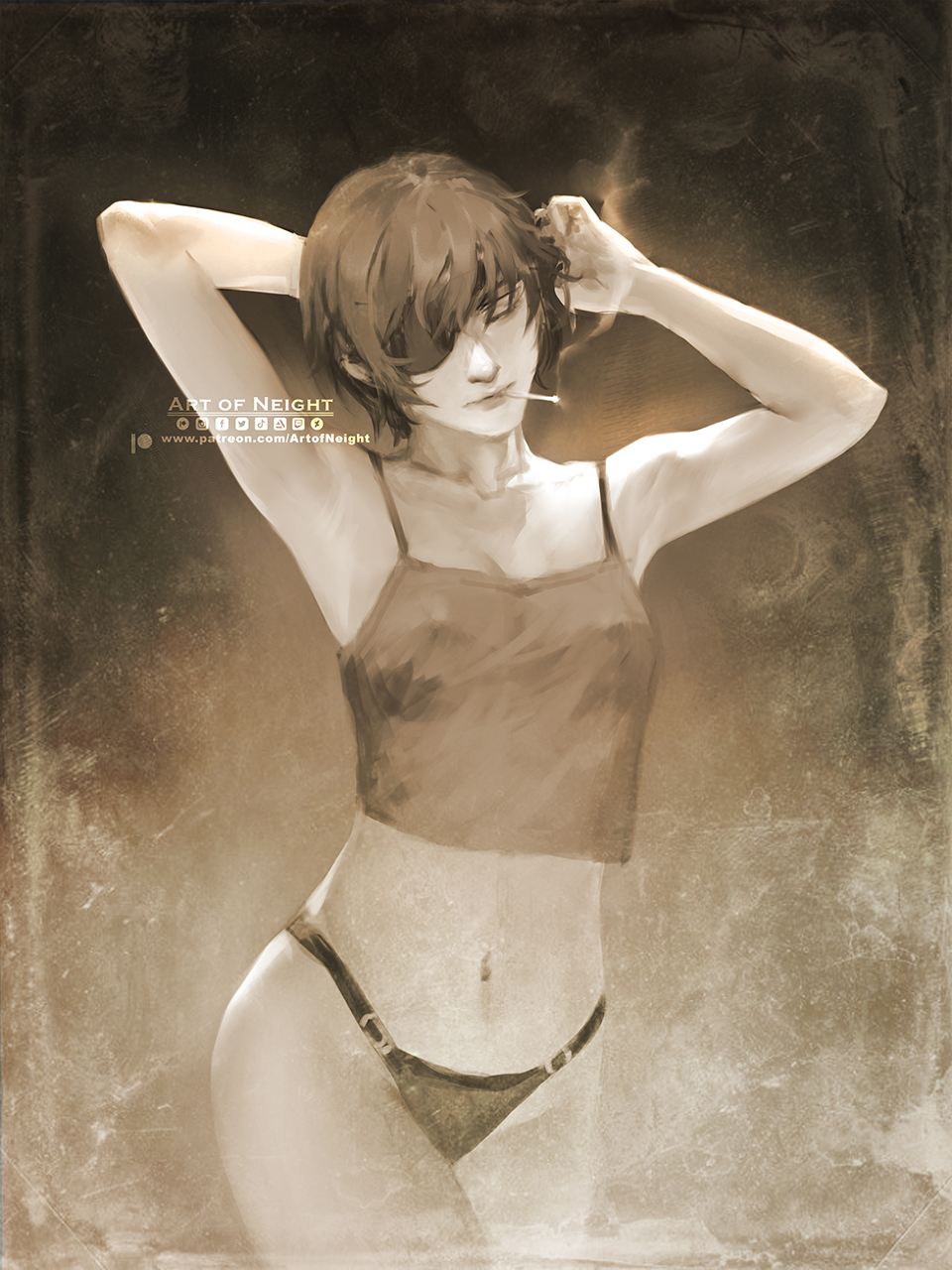 1girl alternate_breast_size arms_up art_of_neight artist_name ass black_hair breasts camisole chainsaw_man cigarette closed_eyes eyepatch highres himeno_(chainsaw_man) medium_breasts midriff monochrome patreon_username sepia short_hair smoke smoking solo twitter_logo